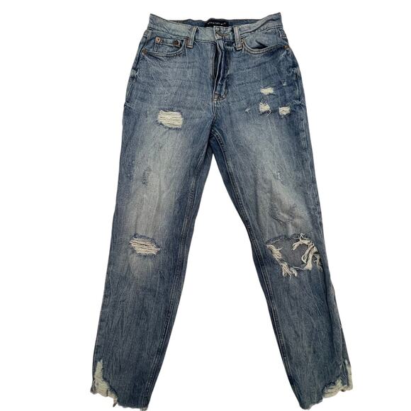 Aeropostale Women's Denim Mom Jeans Size 2R Distressed, Frayed Hem, Boho Grunge - Picture 1 of 7